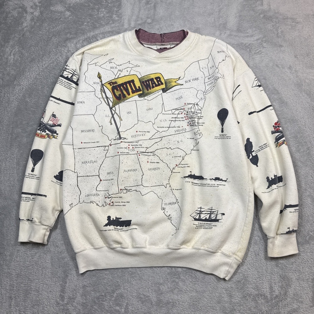 Vintage Civil War Sweatshirt Men L White Map AOP Gettysburg History‎ Map Faded